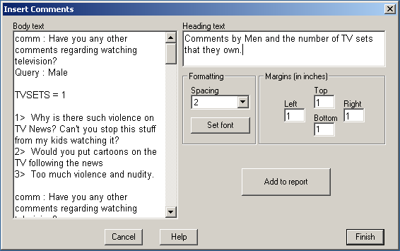 Setup for Comments by Query and Crosstab